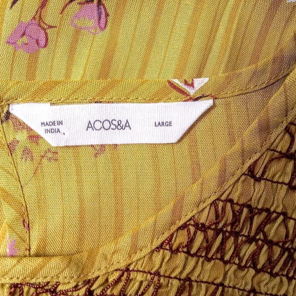 Acos&A Mustard Smocked Floral Tunic Top - Picture 3 of 5